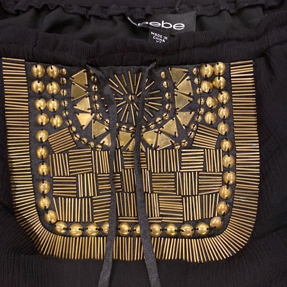 Bebe Black Off the Shoulder Silk Gold Beaded Front Blouse Women’s XS - Picture 3 of 7